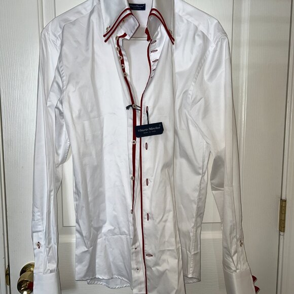 VITTORIO MARCHESI Luxurious Double High Collar Shirt w/Red Loops Size 41/16 NEW! - Picture 10 of 16
